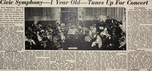 Newspaper clipping: 'Civic Symphony — 1 Year Old — Tunes Up For Concert'