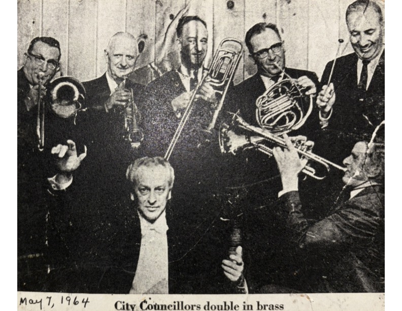 Newspaper clipping: 'City Councillors double in brass,' May 7, 1964